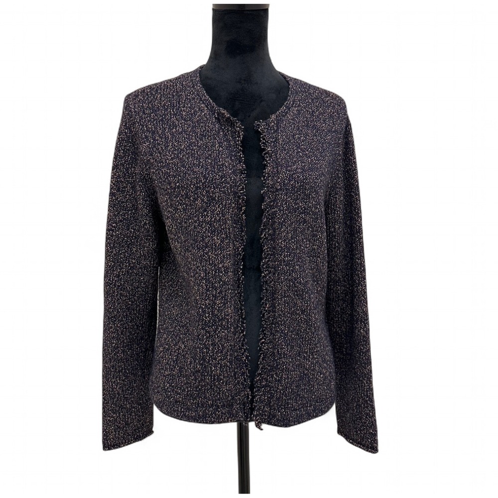 Eileen Fisher Blue Wool Blend Open Frayed Cardigan Knit Sweater Petite Large